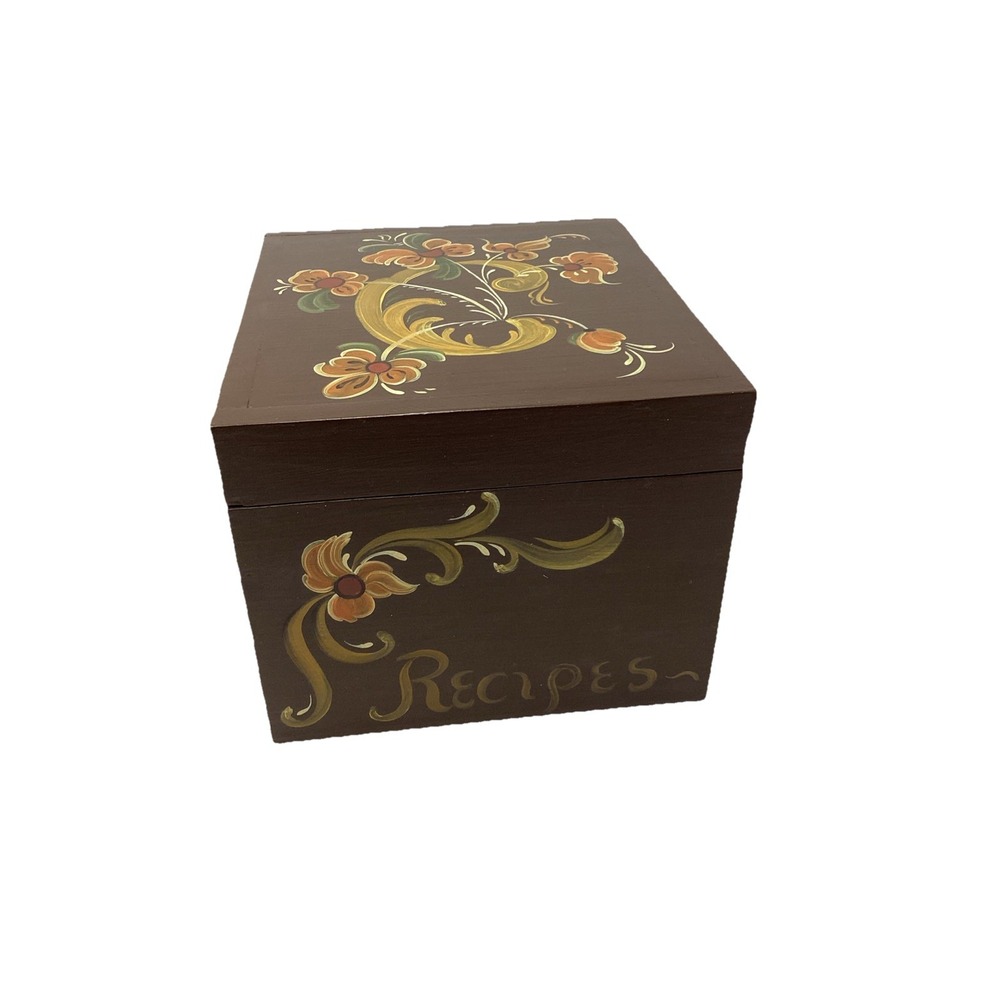 Hand Painted Tole Wood Floral Recipe Trinket Storage Box Hinged Lid Keepsake